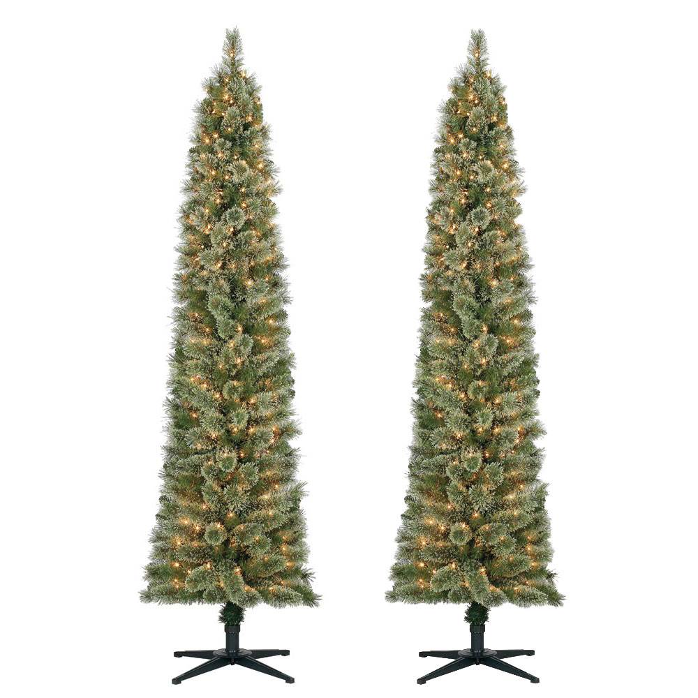 Home Heritage Stanley 7' Artificial Pine Slim Christmas Tree w/ Lights (2  Pack)