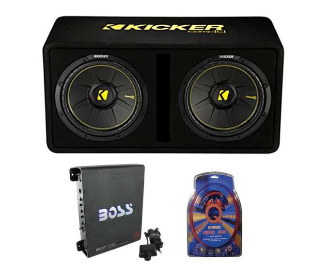 44DCWC122 + R1100M + 4GAMPKIT-SFLEX Kicker 44DCWC122 12-Inch 1200W Subwoofer Enclosure with Mono Amplifier