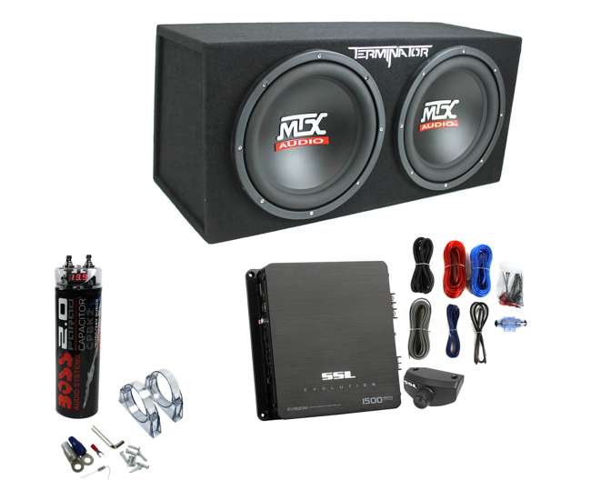 TNE212D + EV1500M + AKS8 + CPBK2 MTX TNE212D 12" 1200W Dual Loaded Subwoofer Box + 1500W Amp + Wiring + Capacitor