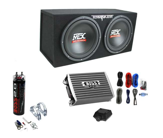 TNE212D + AR1500M + AKS8 + CPBK2 MTX TNE212D 12" 1200W Dual Loaded Subwoofer Box + 1500W Amplifier + Capacitor