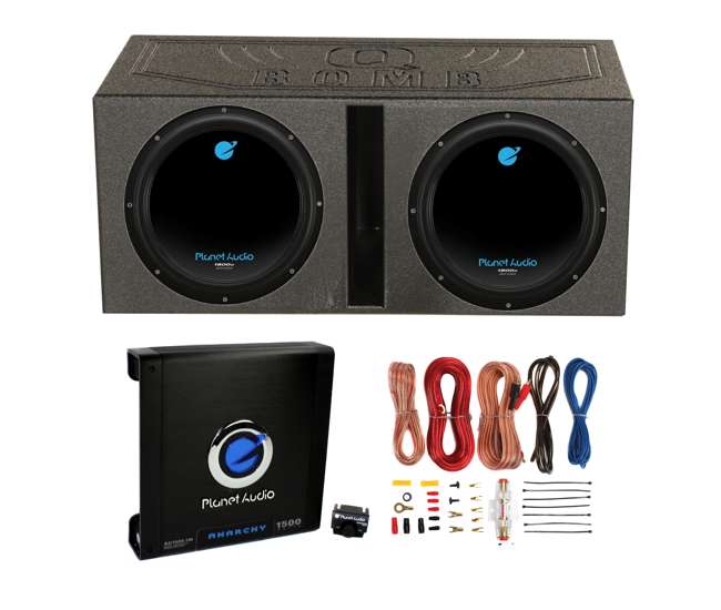 AC12D + QBOMB12V + AC15001M + AKS8 Planet Audio 12-Inch 1800W Subwoofers with Vented Lined Box Enclosure, Amp and Wiring Kit