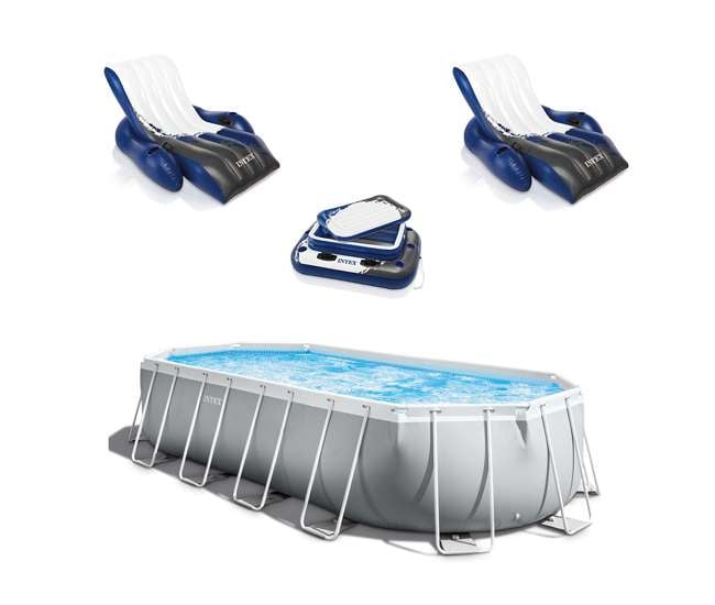 26797EH + 2 x 58868EP + 58821EP Intex Oval Pool w/ Inflatable Loungers and Cooler Float