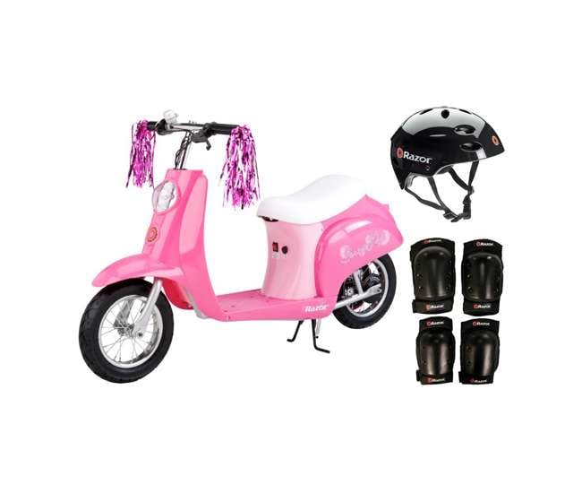 15130659 + 97778 + 96785 Razor Pocket Mod Mini Electric Scooter Bundle w/ Black Helmet & Elbow, Knee Pads
