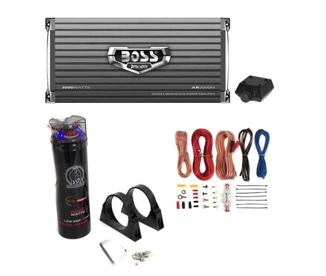 AR2000M + BCAP2.2 + AKS8 Boss AR2000M 2000W Mono Amplifier with Remote + 2.0 Farad Capacitor + Amp Kit (Package)