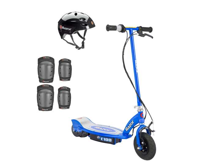 13111240 + 97778 + 96785 Razor E100 Electric Scooter (Blue) with Helmet, Elbow & Knee Pads
