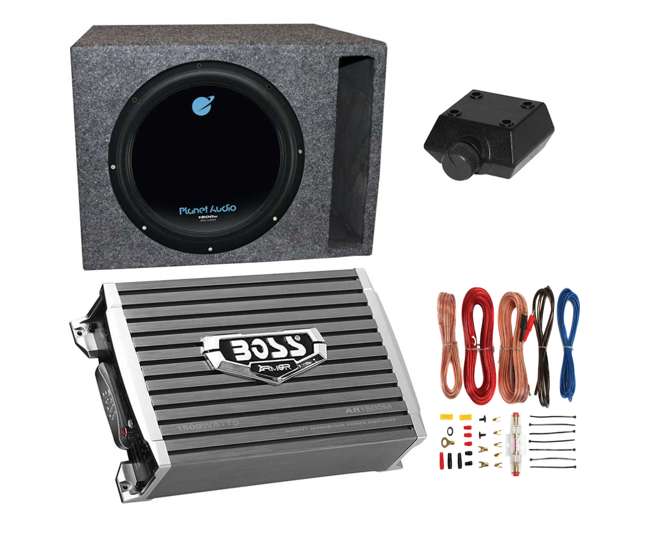 AC12D + AR1500M + AKS8 + QSBASS12-VENTED Planet Audio 1800W Subwoofer + Boss 1500W Amplifier + Remote & Wiring Kit + Q-Power Enclosure
