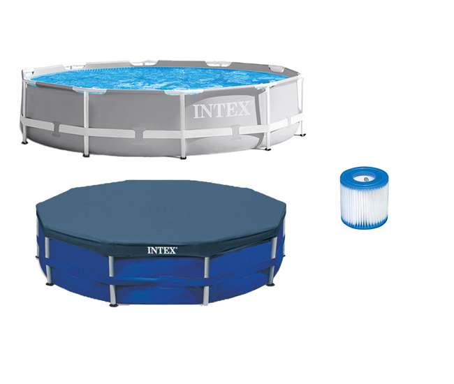 26701EH Intex 10ft x 10ft x 30in Pool w/ 10 Foot Round Pool Cover and Filter Cartridge