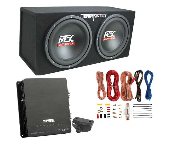 TNE212D + EV1500M + AKS8 MTX 12" 1200W Dual Loaded Car Audio Subwoofers with Box Enclosure Package