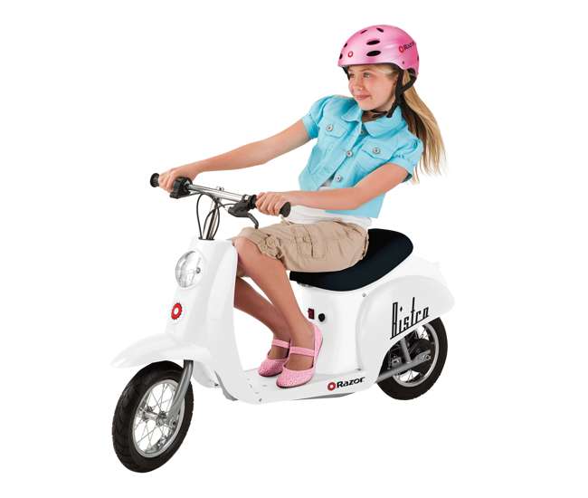 15130608 + 97778 Razor Pocket Mod Miniature Electric Scooter, White + Razor V17 Youth Sport Helmet, Glossy Black