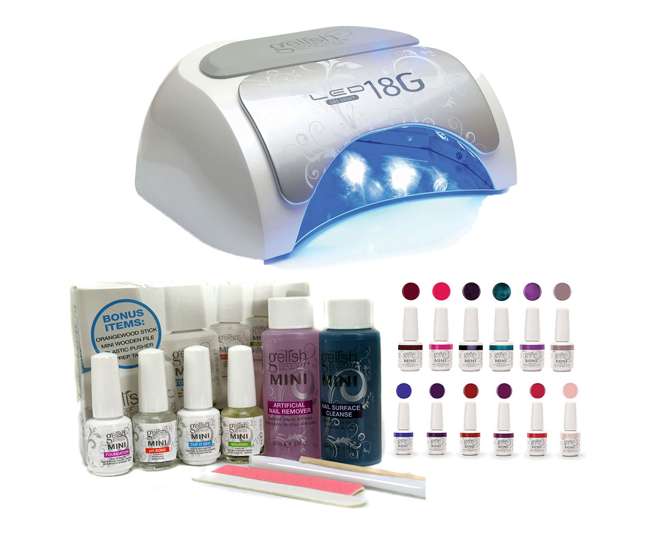 US01379-18GLAMP + 01755-BASIX + 1900116-6PPACK Gelish Professional Gel Nail LED Lamp + Starter Kit + 16 Colors