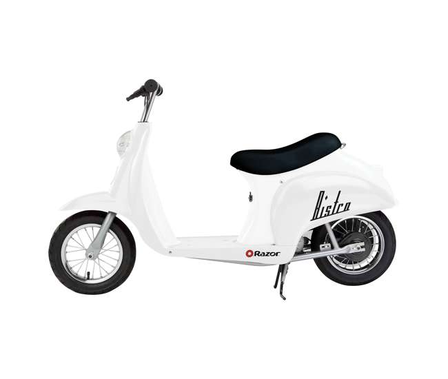 15130608 + 97778 Razor Pocket Mod Miniature Electric Scooter, White + Razor V17 Youth Sport Helmet, Glossy Black