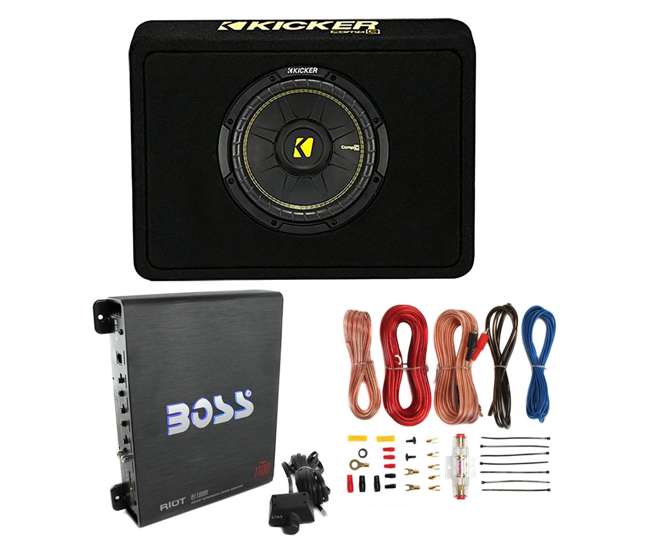 44TCWC104 + R1100M + AKS8 Kicker 44TCWC104 10-Inch 600W /Truck Subwoofer with Box with Amplifier with 8 Gauge Amp Kit