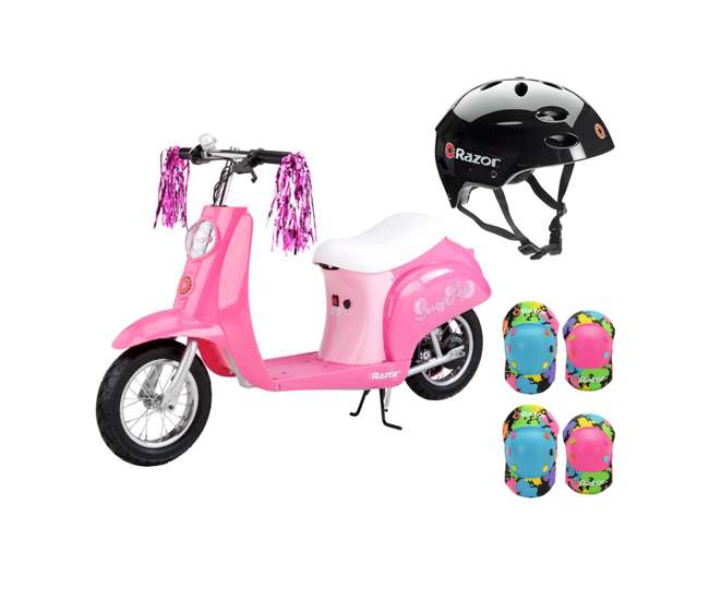 15130659 + 97778 + 96761 Razor Pocket Mod Mini Electric Scooter & Black Helmet & Rainbow Elbow, Knee Pads