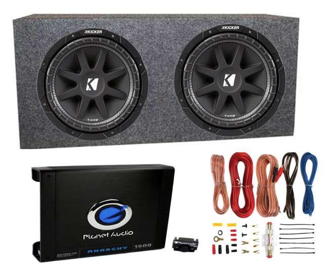 43C124 + VM12SEALED + AC15001M + AKS8 Kicker 43C124 12" 600W Subwoofers + Sealed Subwoofer Box + 1500W Amp + Amp Kit (Package)