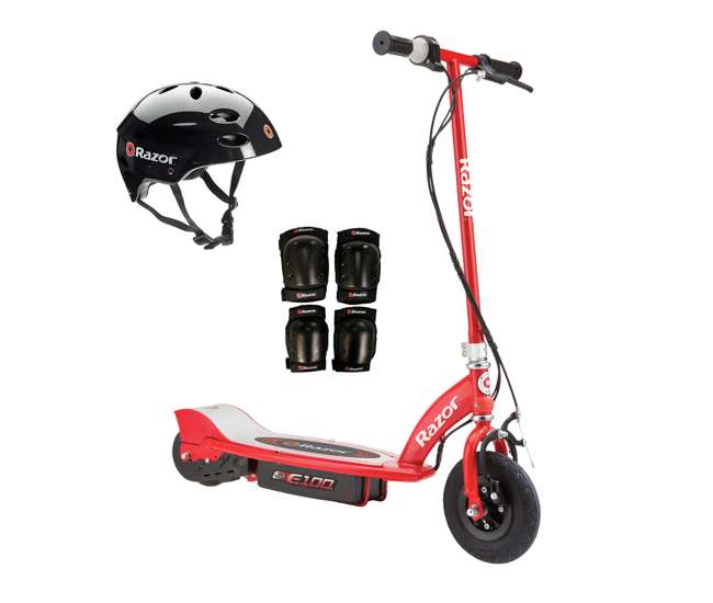 13111260 + 97778 + 96785 Razor E100 Kids Motorized 24 Volt Electric Scooter with Helmet and Safety Pads