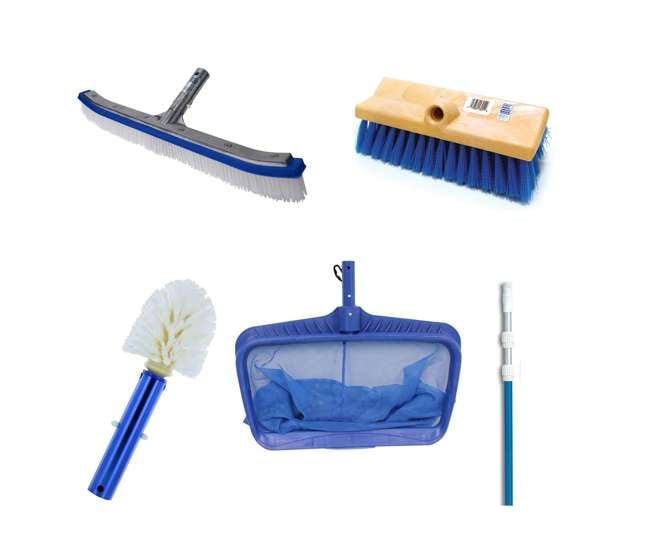 B3518 + B3525 + B3012 + 8356M + 8040 Blue Devil Poly Brush, Corner, Step Brush, Deck and Acid Brush, Pole, Leaf Rake