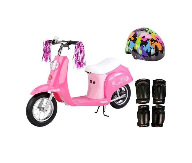15130659 + 97913 + 96785 Razor Pocket Mod Mini Electric Scooter Bundle with Rainbow Helmet & Safety Pads