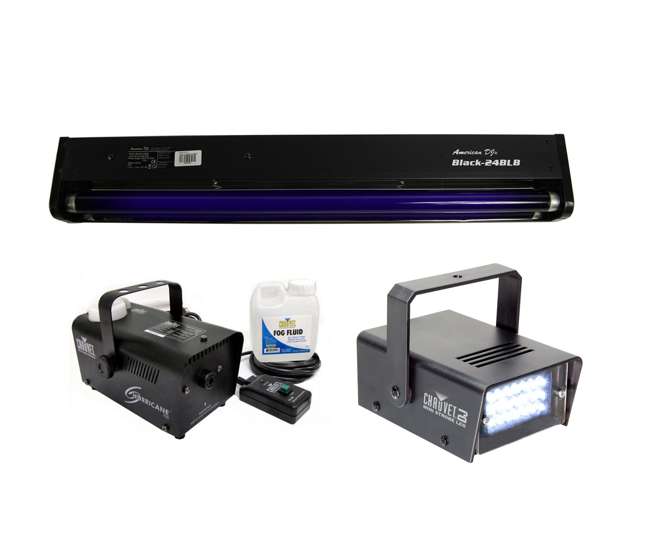BLACK-24BLB + MINISTROBE-LED + H700 American DJ BLACK-24BLB 24" UV Blacklight + CHAUVET Strobe Light + H700 Fog Machine