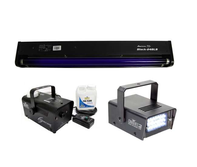 BLACK-24BLB + MINISTROBE-LED + H700 American DJ BLACK-24BLB 24" UV Blacklight + CHAUVET Strobe Light + H700 Fog Machine