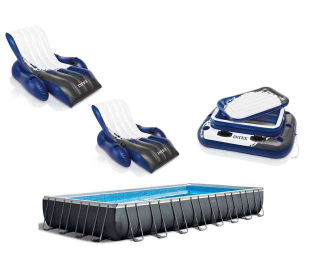 26377EH + 2 x 58868EP + 58821EP Intex 32' x 16' x 52" Pool w/Lounge (2 Pack) and Cooler