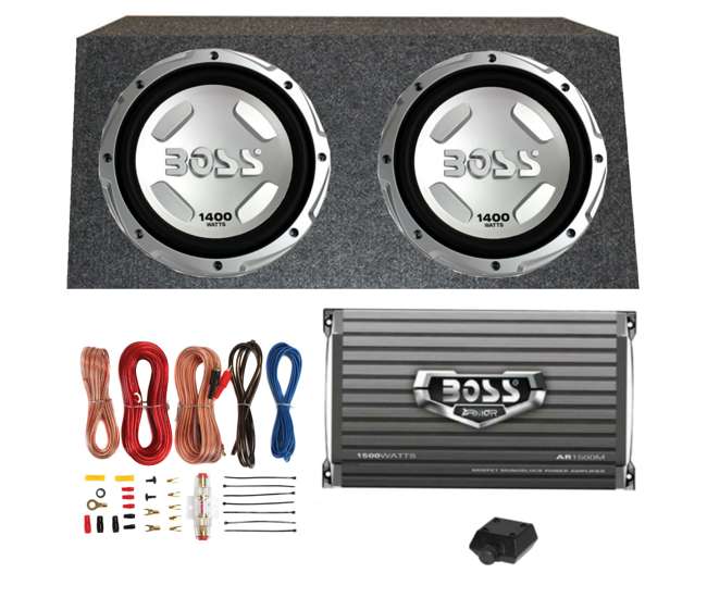 CX122 + AR1500M + AKS8 + QSMBASS12 Boss 12-Inch 1400W Subwoofers + 1500W Mono Amplifier + Amp Kit + Subwoofer Box