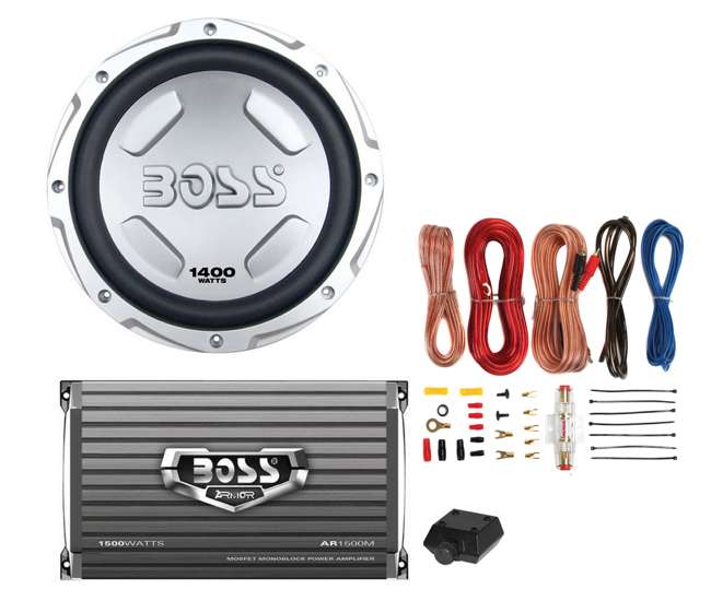 CX122 + AR1500M + AKS8 Boss Audio CX122 12-Inch 1400W Subwoofer with Mono Amplifier with Amp Kit