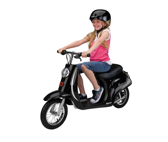 15130601 + 97778 Razor Pocket Mod Electric Retro Scooter, Black (2 Pack) + Helmet