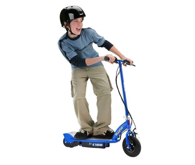 13111240 + 97778 + 96785 Razor E100 Electric Scooter (Blue) with Helmet, Elbow & Knee Pads
