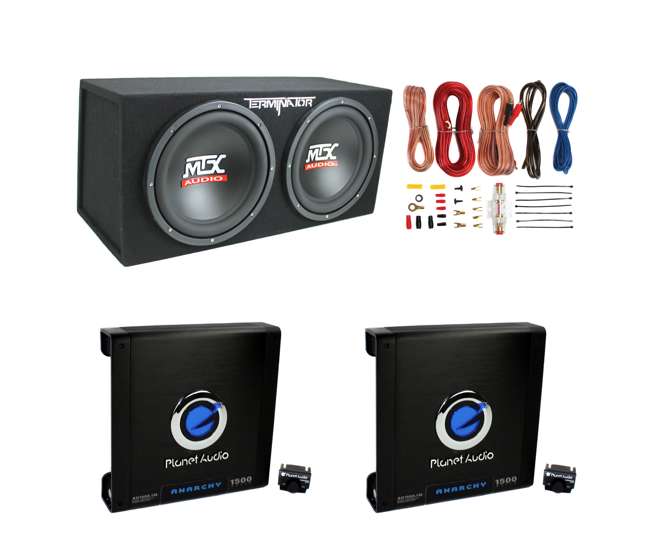AKS8 + 2 x AC15001M + TNE212D Planet Audio 1500W Mono Amplifier (2 Pack) & 12" 1200W Loaded Sub Box & Wire Kit