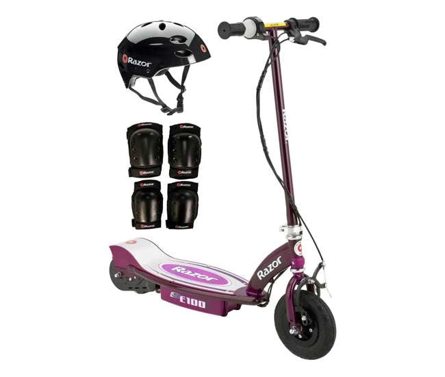 13111250 + 97778 + 96785 Razor E100 24V Electric Scooter (Purple) with Helmet, Elbow & Knee Pads