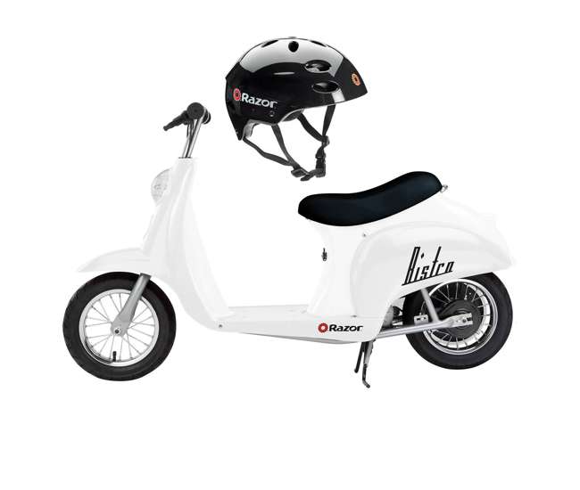15130608 + 97778 Razor Pocket Mod Miniature Electric Scooter, White + Razor V17 Youth Sport Helmet, Glossy Black
