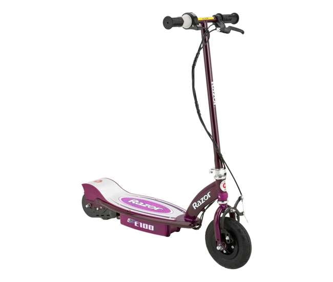 13111250 + 97778 + 96785 Razor E100 24V Electric Scooter (Purple) with Helmet, Elbow & Knee Pads