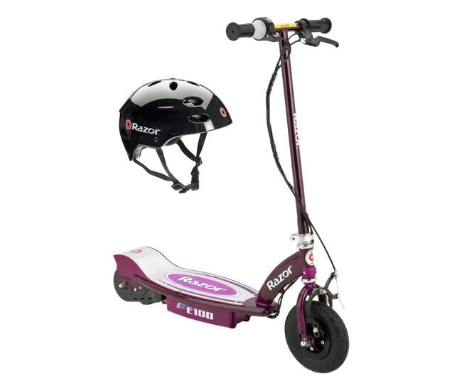 13111250 + 97778 + 96785 Razor E100 24V Electric Scooter (Purple) with Helmet, Elbow & Knee Pads