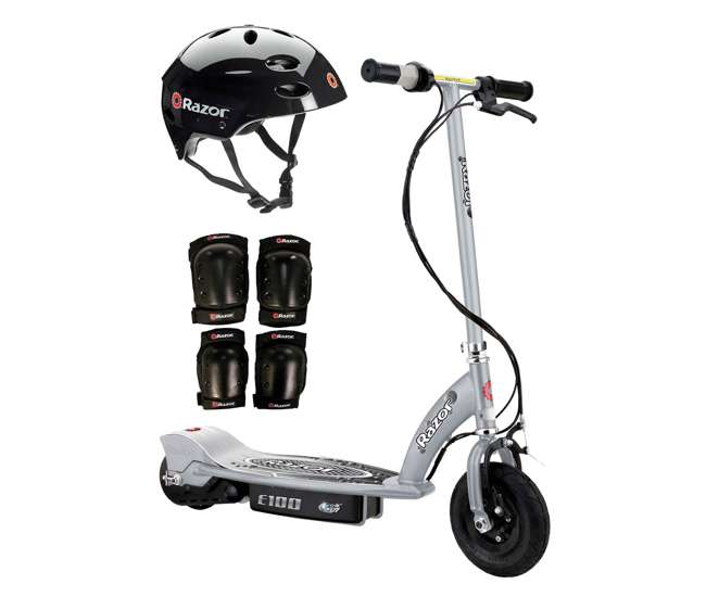13181112 + 97778 + 96785 Razor E100 Kids Motorized 24V Electric Scooter with Helmet, Elbow & Knee Pads