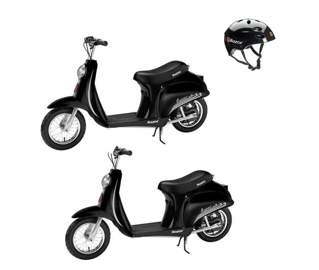 15130601 + 97778 Razor Pocket Mod Electric Retro Scooter, Black (2 Pack) + Helmet
