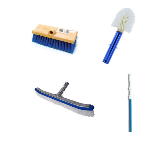 B3518 + B3525 + B3012 + 8356M Blue Devil 18 Inch Brush, 360 Brush, Deck N Acid Brush and Swimline 15 Foot Pole