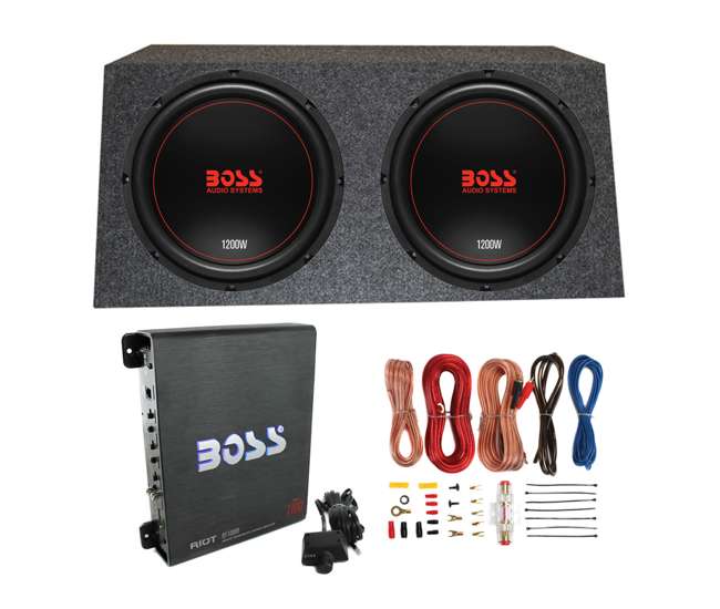 CXX124DVC + QSMBASS12 + R1100M + AKS8 Boss Chaos 12-Inch 1200W Subwoofer (Pair) with Box, Mono Amp & Wiring