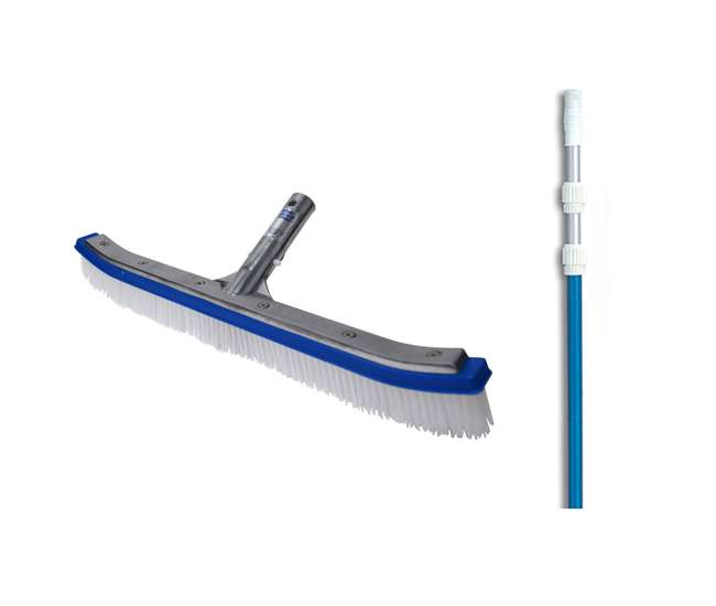 B3518 + 8356M Blue Devil 18 Inch Pool Wall Cleaning Brush Head + 5 to 15 Foot Telescopic Pole