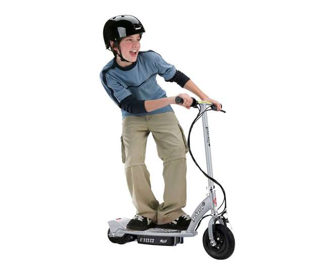 13181112 + 97778 Razor E100 Kids Motorized 24 Volt Electric Powered Ride On Scooter with Helmet