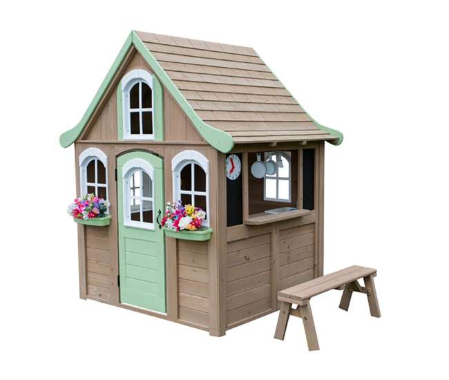 wooden playhouse with bench
