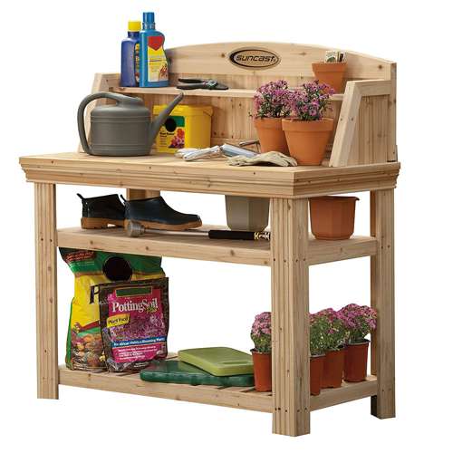 Suncast Cedar Potting Bench with Natural Finish and Two Storage Shelves