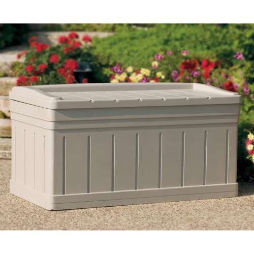 Suncast Horizontal 129 Gallon Deck Storage Box with Seat, Taupe (Open