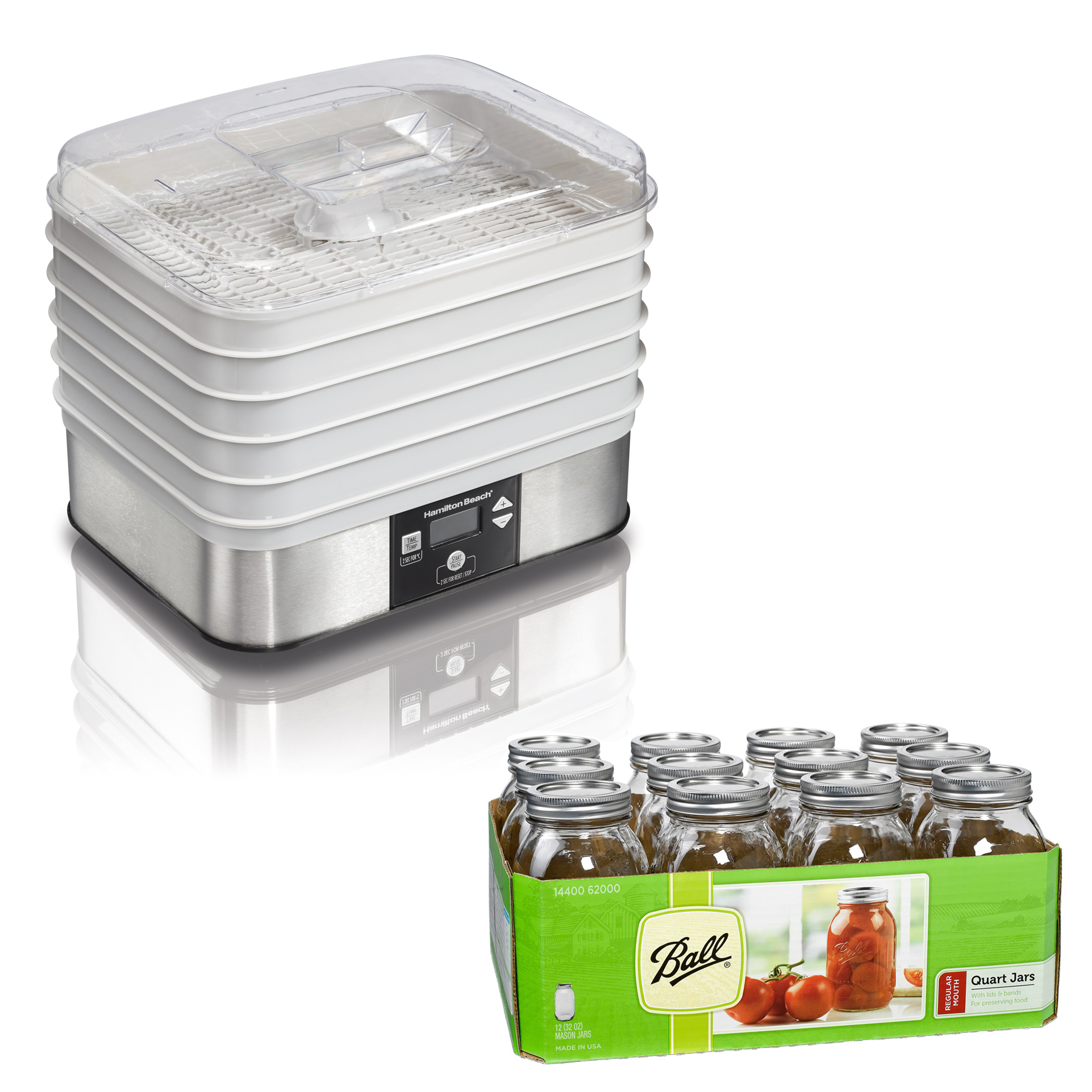 Hamilton Beach 500W 5 Tray Stacking Food Dehydrator & 32 Oz Mason Jars