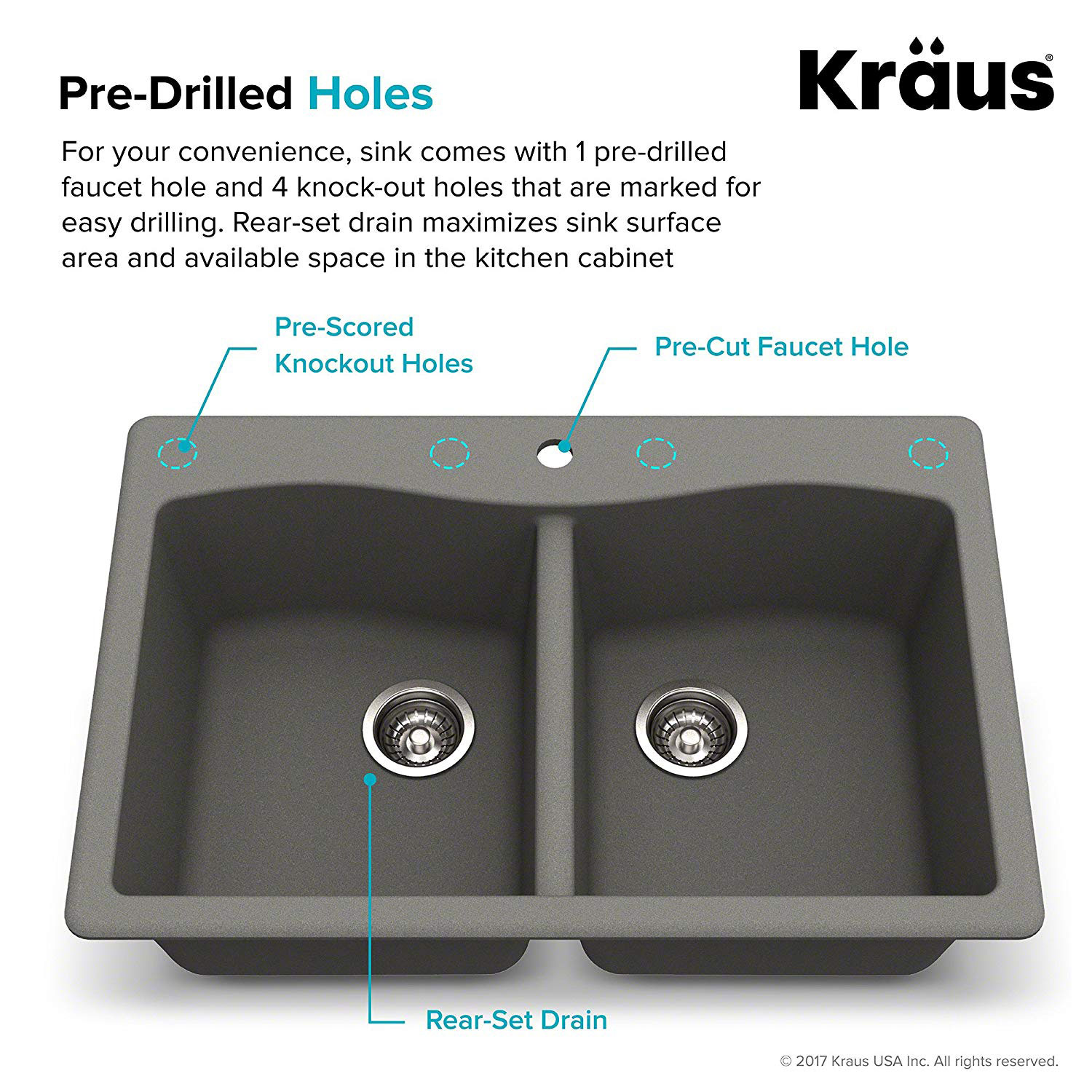 Kraus Forteza 33Inch DualMount 50/50 Double Bowl Granite Sink, Gray