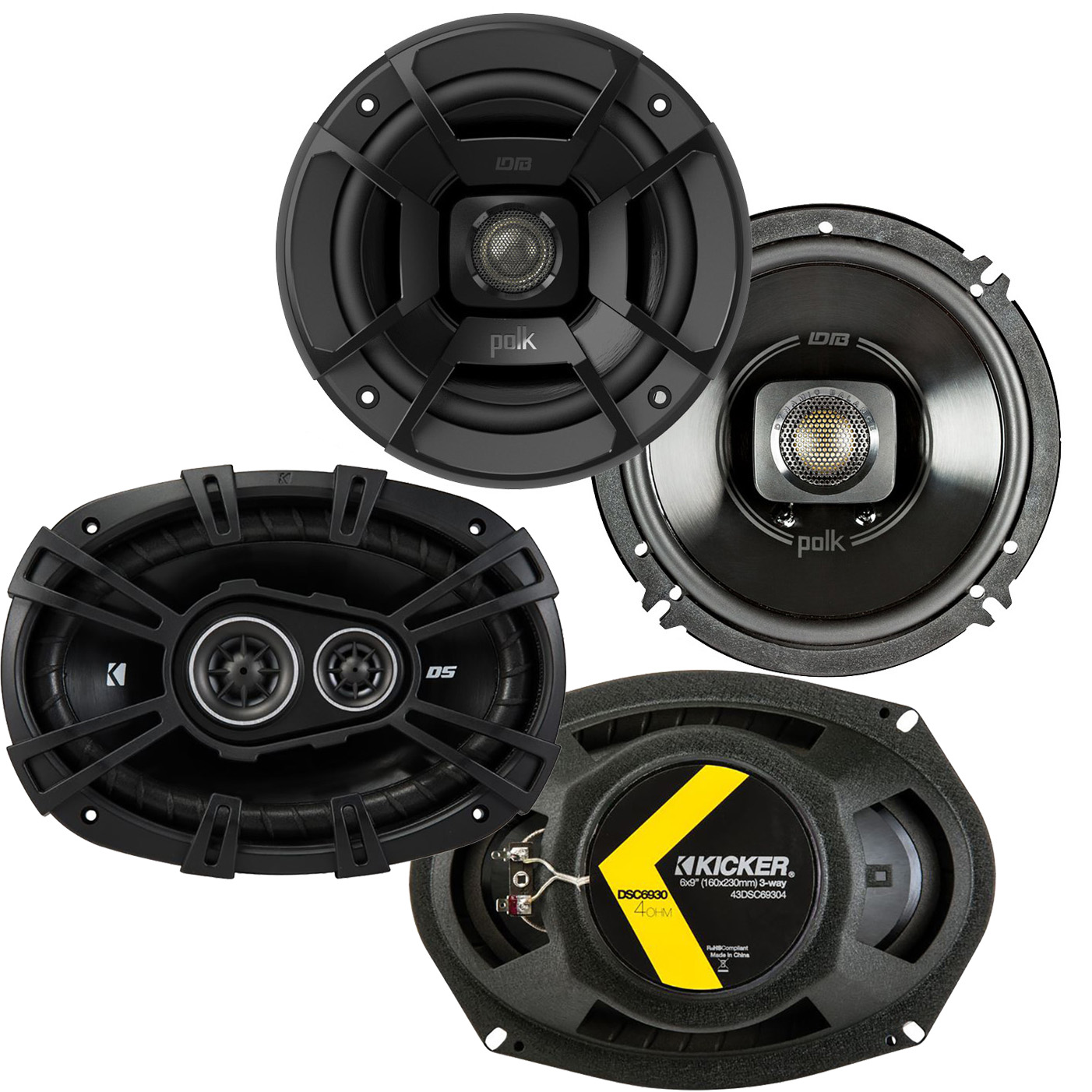 Polk Audio 6.5" 300W Marine Speakers + Kicker DSeries 6x9" 360W Car