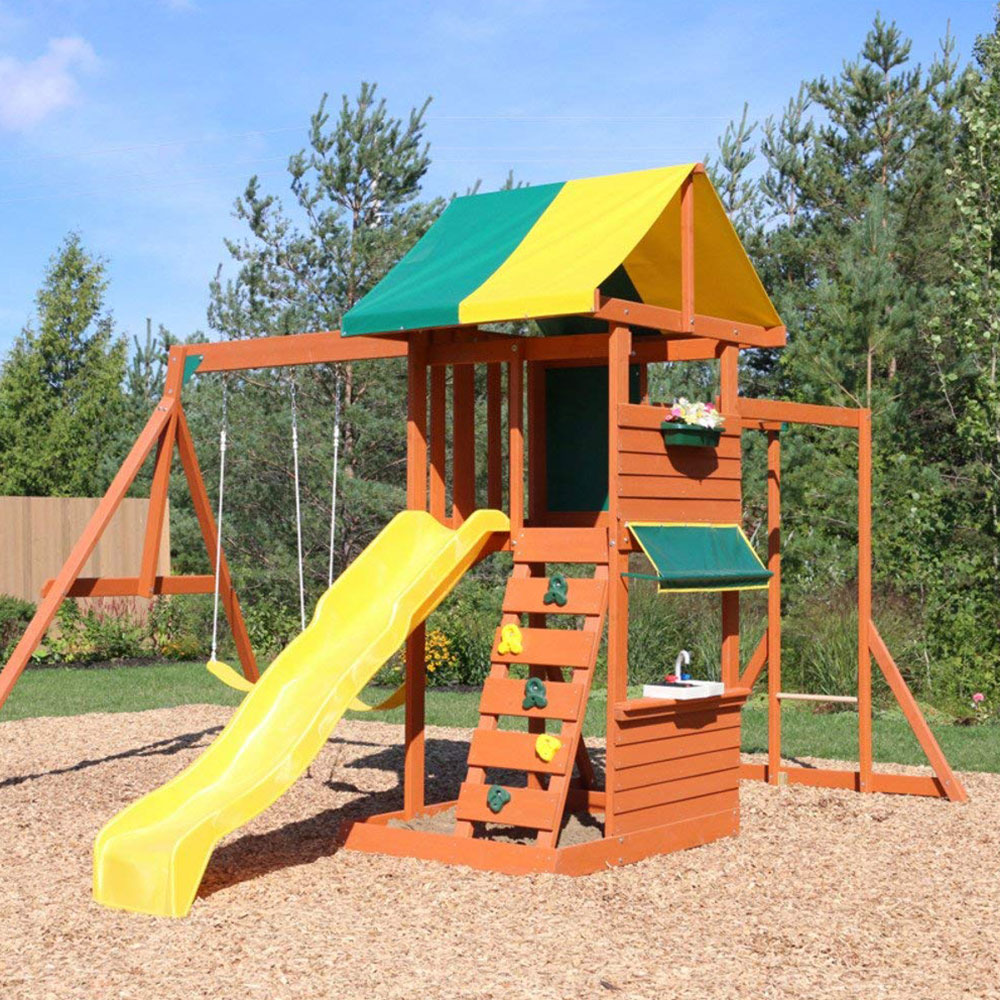 KidKraft Hazelwood Wooden Outdoor Backyard Kids Playground Swing Set