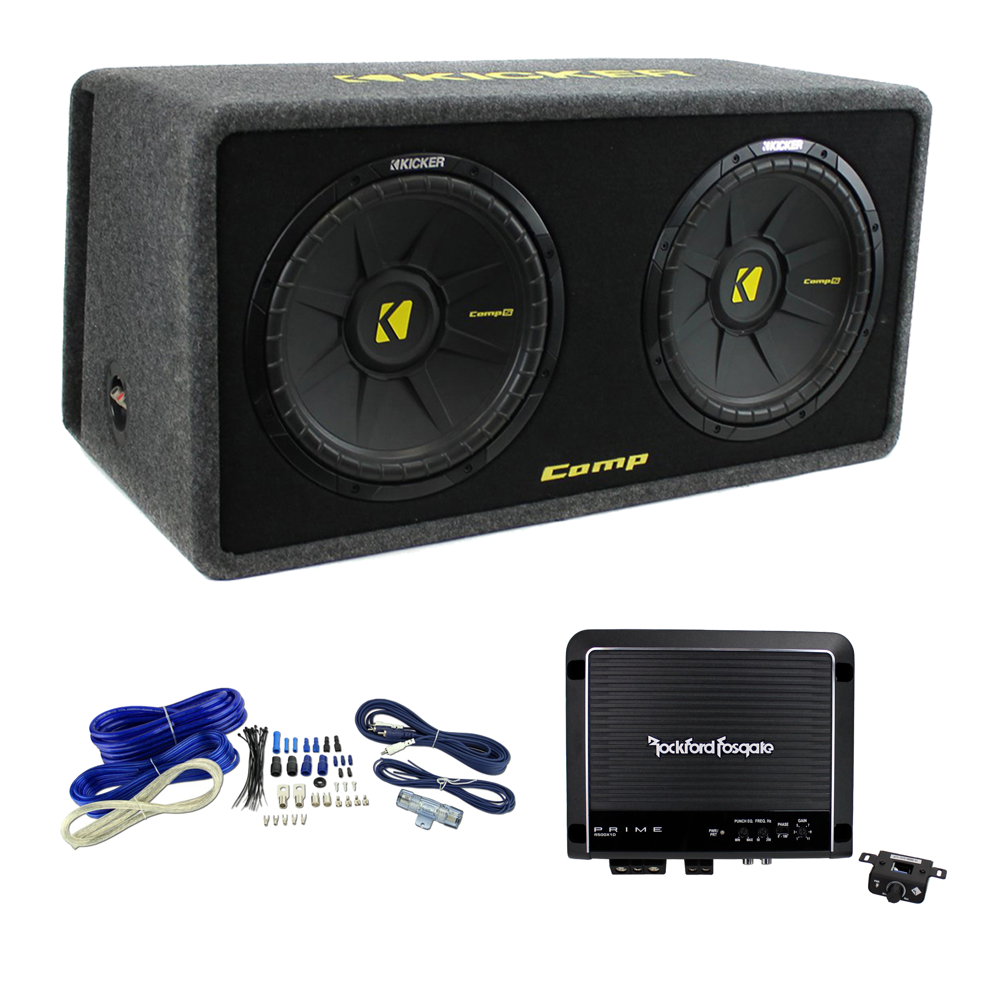 Kicker 10in. 1200W Dual Loaded Subwoofer Enclosure + 500W Amplifier + Wiring Kit eBay