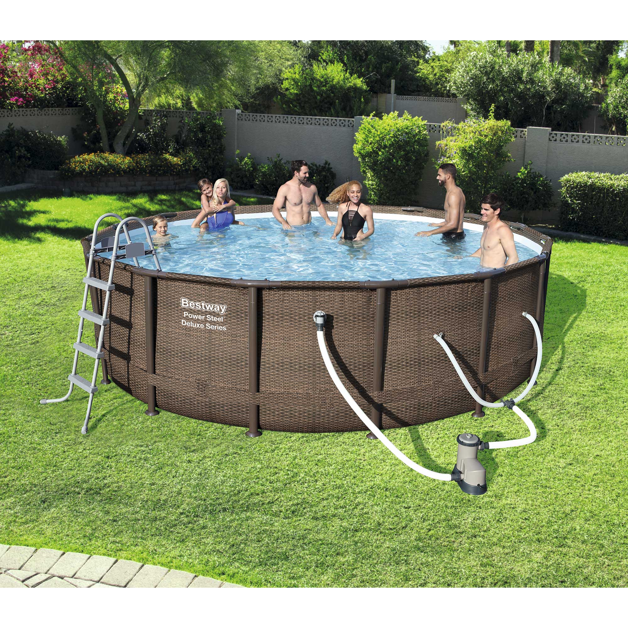 Bestway 15125 16 Foot Power Steel Round Frame Above Ground Pool Set and