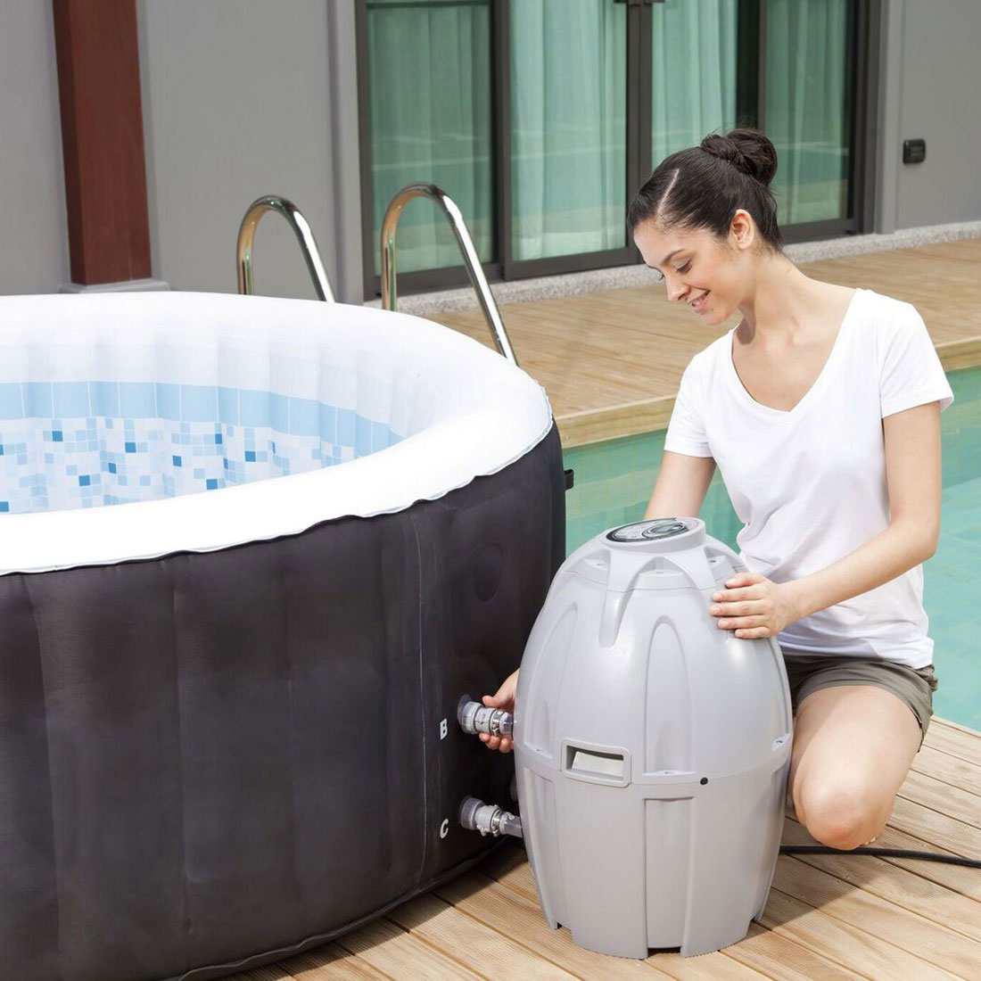 Bestway Inflatable Hot Tub + Entertainment Center + 6 Filters + Cleaning Set eBay