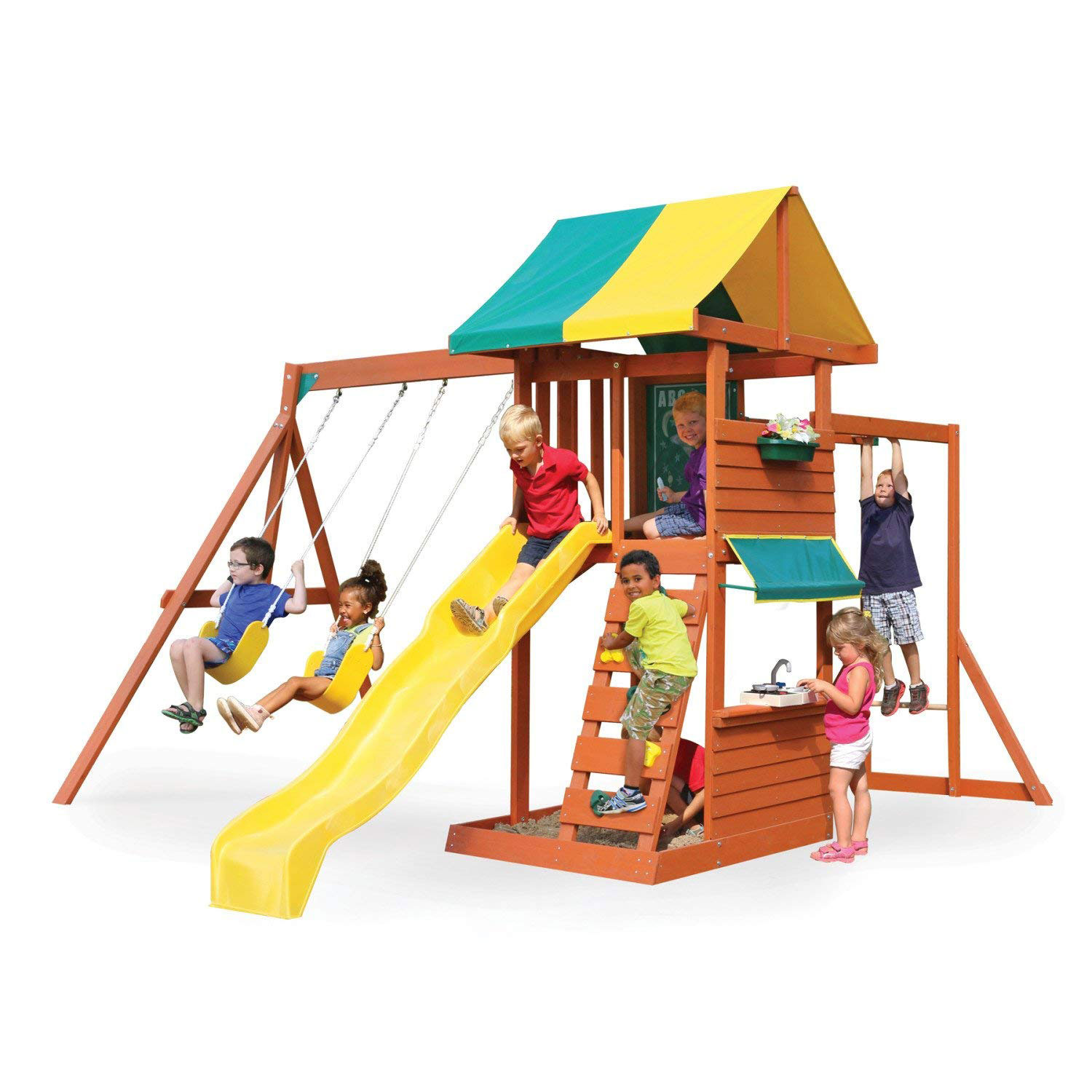 KidKraft Hazelwood Wooden Outdoor Backyard Kids Playground Swing Set